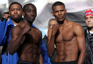 Terrence Crawford (left) at the Crawford vs. Prescott weigh-in