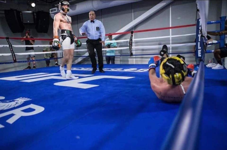 The photo from the Conor McGregor sparring session that shows Paulie Malignaggi on the canvas  which is fair to say Malignaggi doesn’t like.