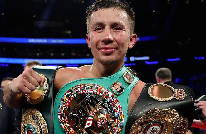 Gennady Golovkin (GGG) holding his Title belts