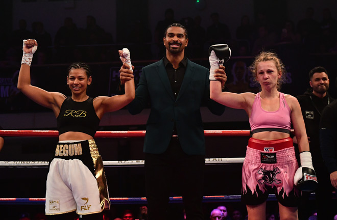 Ruqsana Begum celebrating her draw against Bulgarian, Ivanka Ivanova with Promoter David Haye 