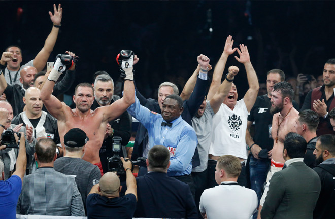 Pulev celebrates the points win in front of a home crowd.