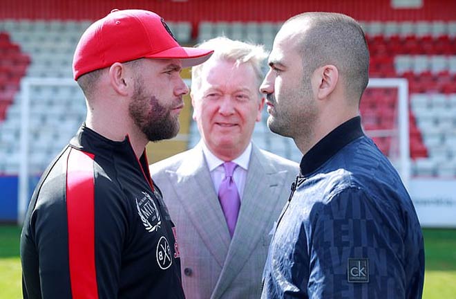 Saunders-Isufi face off ahead of their fight this weekend. Credit: Daily Mail