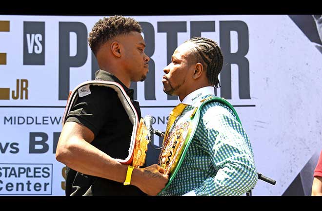 Spence Jr-Porter intense face off ahead of their fight this Saturday. Credit: CBS Sports