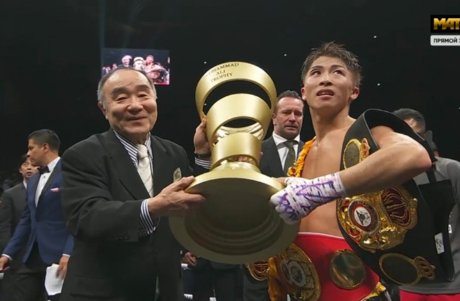 Inoue presented with the Ali Trophy after a classic battle with Nonito Donaire.