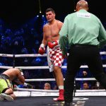 Eric Molina saw the canvas more than once during a short battle with Filip Hrgovic. Photo Credit: Mark Robinson/Matchroom Boxing