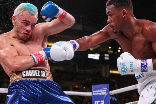 Julio Cesar Chavez Jr withdrew after five rounds allowing Daniel Jacobs to claim victory on Friday night in Arizona.