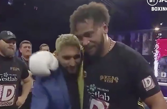 Golden Robe Winner - Nick Webb embraces with Amir Khan after winning Ultimate Boxxer 6 last night.