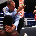 The referee moves Diego Pacheco away after he scored an emphatic 1st round knockout of Tanzania’s Selemani Saidi. Photo Credit: Mark Robinson/Matchroom Boxing.
