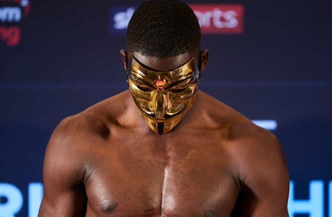 Riakporhe donned a Deontay Wilder-esque mask ahead of his British title fight with Jack Massey Credit: Matchroom Boxing