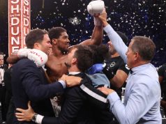 Joshua was joined by promoter Eddie Hearn as he celebrated his rematch win over Ruiz Jr in Saudi Arabia Photo Credit: Mark Robinson/Matchroom Boxing