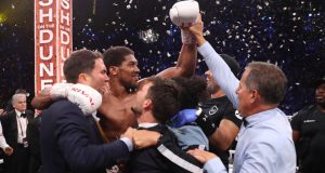 Joshua was joined by promoter Eddie Hearn as he celebrated his rematch win over Ruiz Jr in Saudi Arabia Photo Credit: Mark Robinson/Matchroom Boxing