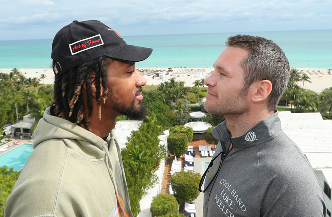 Demetrius Andrade and Luke Keeler faced off in Miami ahead of their WBO middleweight title clash Credit: Ed Mulholland/Matchroom Boxing USA