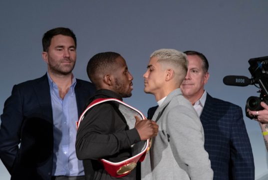 Tevin Farmer and JoJo Diaz faced off ahead of their IBF Super Featherweight world title clash Credit: Alex Nunez