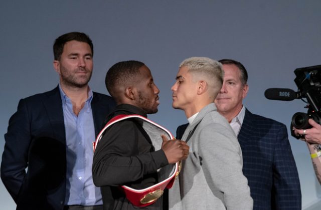 Tevin Farmer and JoJo Diaz faced off ahead of their IBF Super Featherweight world title clash Credit: Alex Nunez