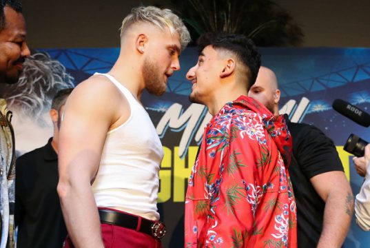 Jake Paul and AnEsonGib had to be separated after coming face-to-face at the first press conference in LA Credit: Melina Pizano/Matchroom Boxing USA