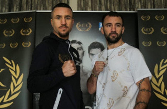 David Oliver Joyce and Lee Haskins face off at the press conference ahead of their bout. Photo Credit: British Boxing News