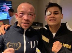 Danny Roman and TJ Doheny showing off their war wounds Credit: MTK Global / Thompson Boxing