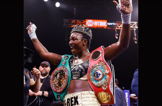 Claressa Shields became the fastest three-weight world champion after beating Ivana Habazin in Atlantic City Credit: AP PHOTO/MATT ROURKE