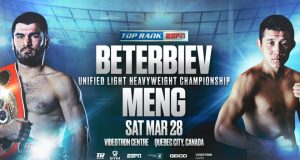 Artur Beterbiev will defend his unified Light Heavyweight world titles against Fanlong Meng on March 28 in Quebec Credit: Top Rank