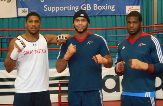 Frazer Clarke flanked by Anthony Joshua and Daniel Dubois. Clarke is picking Joyce to beat Dubois in April. Photo Credit: TalkSport.