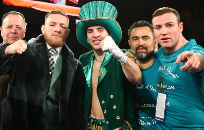 Conor McGregor, Mick Conlan, Manny Robles and Matt Macklin after Conlan's debut victory. Photo Credit: The Guardian.