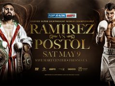 Jose Ramirez-Viktor Postol was Set for Save Mart Center Super Lightweight Title Showdown May 9 LIVE on ESPN. Credit: Top Rank.