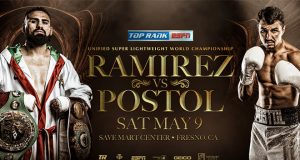 Jose Ramirez-Viktor Postol was Set for Save Mart Center Super Lightweight Title Showdown May 9 LIVE on ESPN. Credit: Top Rank.