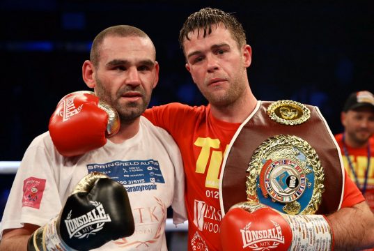 Danny Dignum and Alfredo Meli embraced after their WBO European Middleweight bout in Brentwood Credit: MTK Global