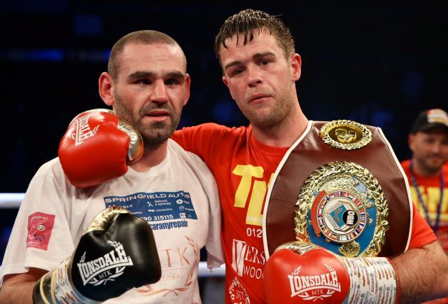 Danny Dignum and Alfredo Meli embraced after their WBO European Middleweight bout in Brentwood Credit: MTK Global