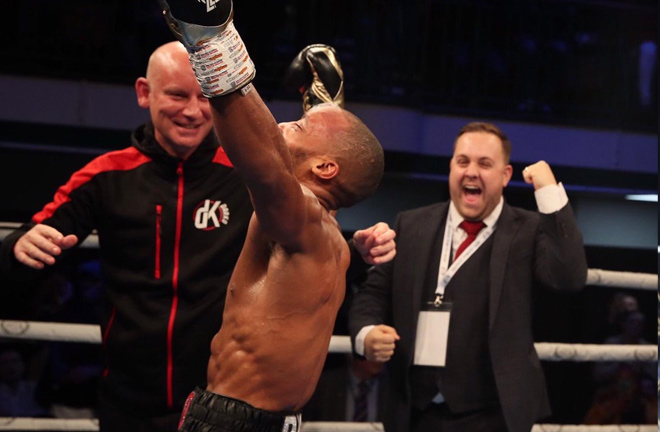 Danny with his coach, Kev Lilley and promoter, Lee Eaton in jubilation. Photo Credit: @DannyDKDarko Twitter