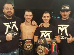 The Moloney twins flanked by Tony Tolj [left] and Angelo Hyder [right]. Photo Credit: Boxing Scene
