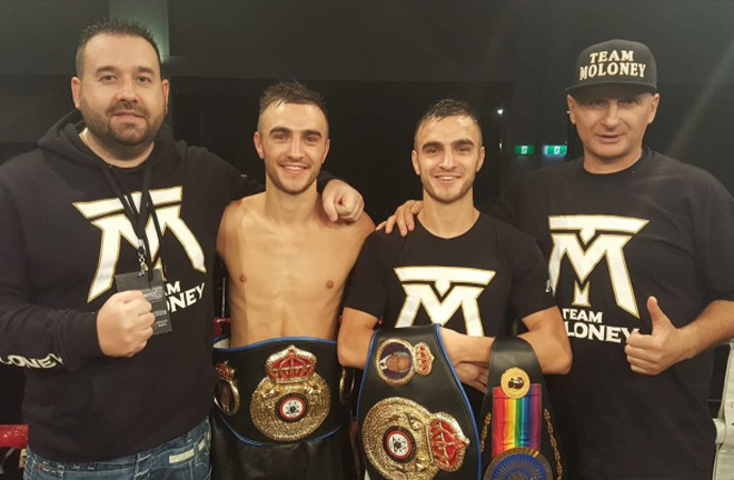 The Moloney twins flanked by Tony Tolj [left] and Angelo Hyder [right]. Photo Credit: Boxing Scene