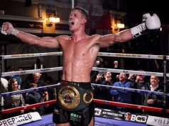 Nathan 'Hitman' Heaney celebrating his IBO title win. Photo Credit: Stoke Sentinel