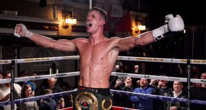 Nathan 'Hitman' Heaney celebrating his IBO title win. Photo Credit: Stoke Sentinel