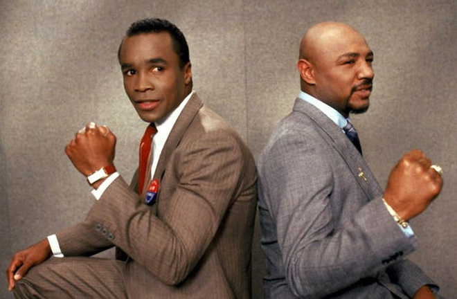 Hagler and 'Sugar' Ray Leonard promoting their bout. Photo Credit: USA Today