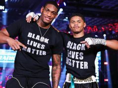 Jared Anderson and Shakur Stevenson showing support for the Black Lives Matter movement after their wins. Photo Credit: Mikey Wiliams