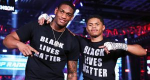 Jared Anderson and Shakur Stevenson showing support for the Black Lives Matter movement after their wins. Photo Credit: Mikey Wiliams