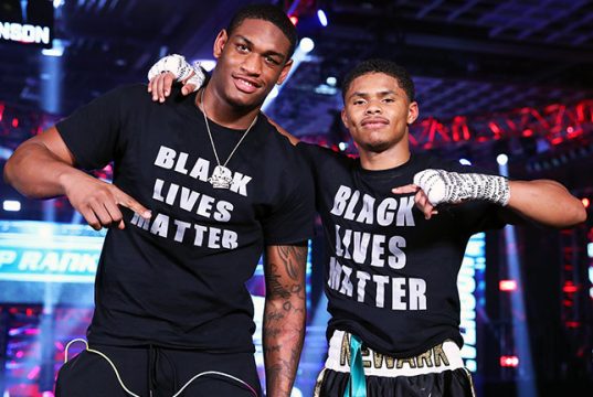 Jared Anderson and Shakur Stevenson showing support for the Black Lives Matter movement after their wins. Photo Credit: Mikey Wiliams