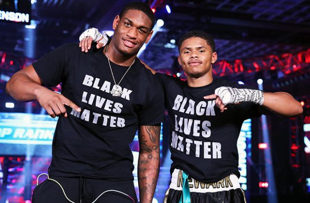 Jared Anderson and Shakur Stevenson showing support for the Black Lives Matter movement after their wins. Photo Credit: Mikey Wiliams