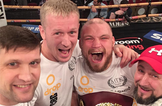 Bolotniks (2nd from right) was left elated after picking up the WBO European strap Photo Credit: Ricards Bolotniks Facebook