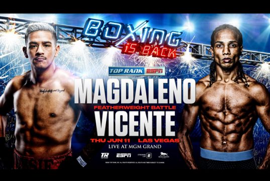 Jessie Magdaleno takes on Yenifel Vicente behind closed doors in Las Vegas on Thursday night Photo Credit: Top Rank