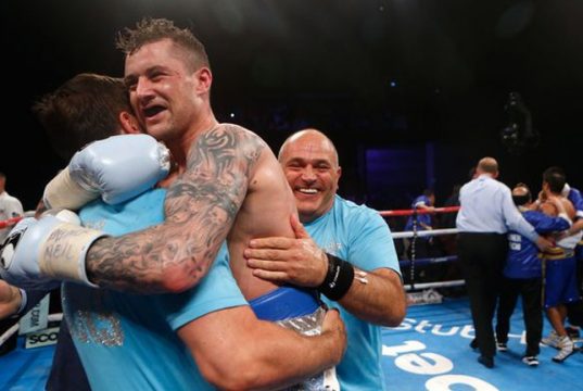 Ricky Burns celebrating a win with Tony and Peter Sims. Photo Credit: Glasgow Live