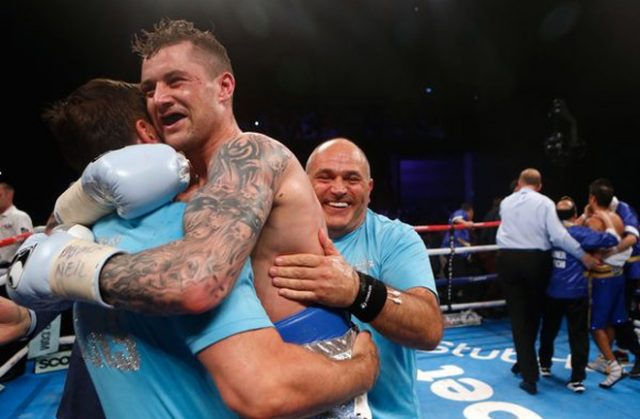 Ricky Burns celebrating a win with Tony and Peter Sims. Photo Credit: Glasgow Live