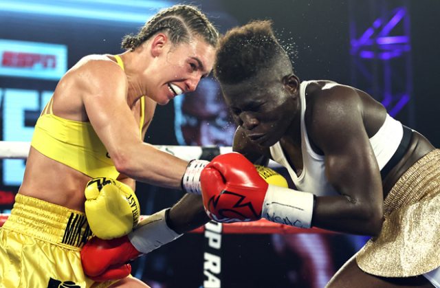 Mikaela Mayer edged closer to a World title shot after a UD win over Helen Joseph in Las Vegas Photo Credit: Mikey Williams/Top Rank