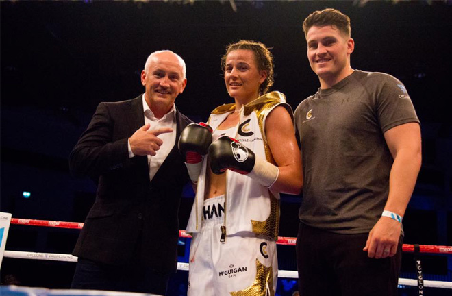 Barry McGuigan, Cameron and Shane McGuigan pictured celebrating a win. Photo Credit: Newschain