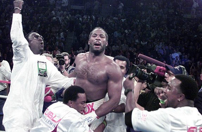 Lennox Lewis celebrating his win over Hasim Rahman, (Harold Knight pictured far right) Photo Credit: Hannibal Boxing