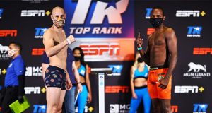 Pedraza and LesPierre weighed in ahead of their rescheduled bout. Photo Credit: Mikey Williams / Top Rank