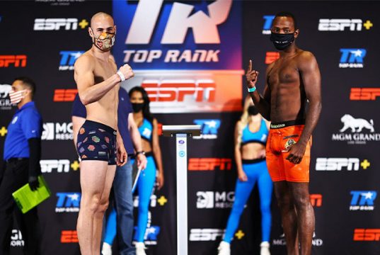Pedraza and LesPierre weighed in ahead of their rescheduled bout. Photo Credit: Mikey Williams / Top Rank