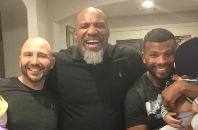 Amer Abdallah [Jack's manager], Shannon Briggs and Badou Jack. Photo Credit: Twitter / @badoujack