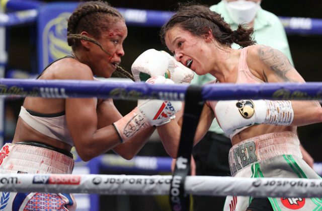 Terri Harper retained her WBC & IBO Super-Featherweight World titles after a thrilling split draw with Natasha Jonas at Matchroom HQ on Friday Photo Credit: Mark Robinson/Matchroom Boxing